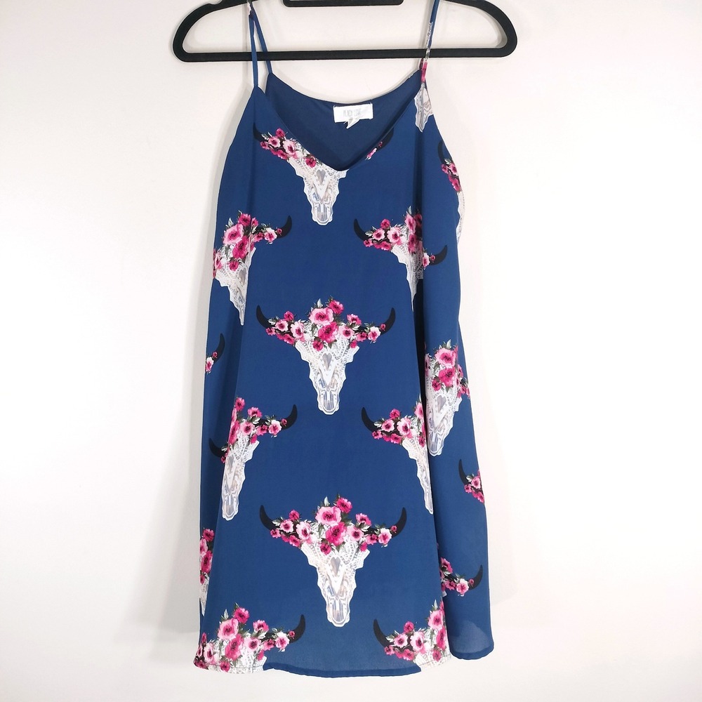 Peach Love Blue Mini Dress; Floral Bull Skull Print, Spaghetti Straps, Lined